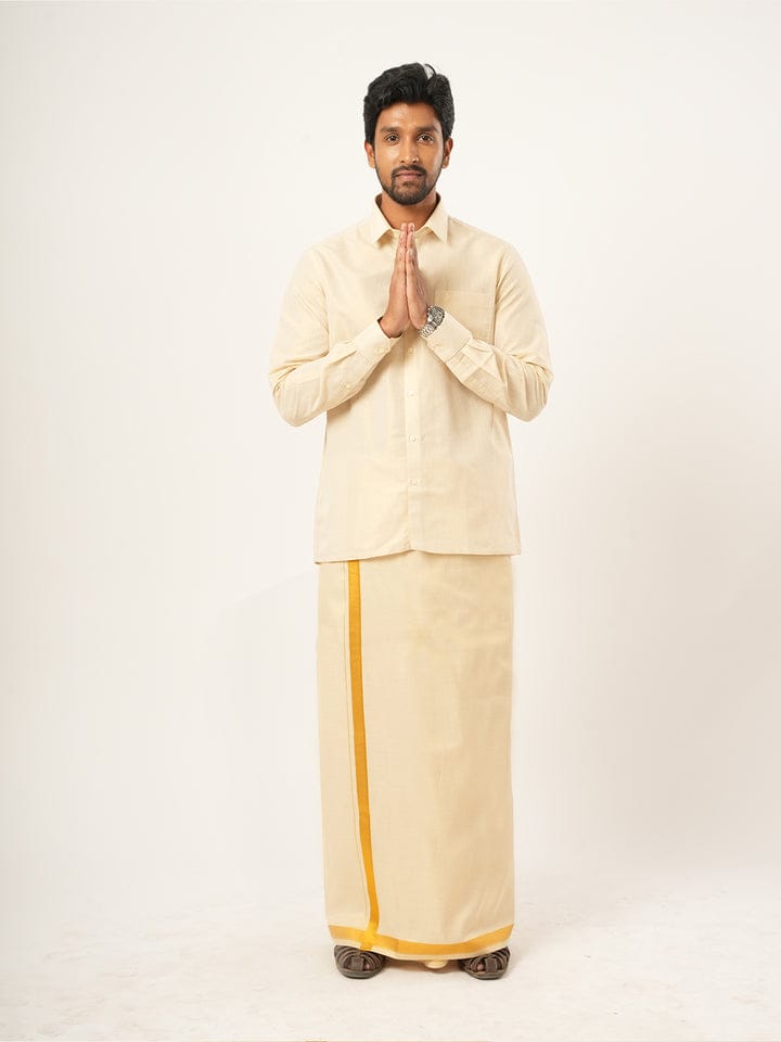 Kondattam Tissue Shirt & Gold Border Dhoti Set