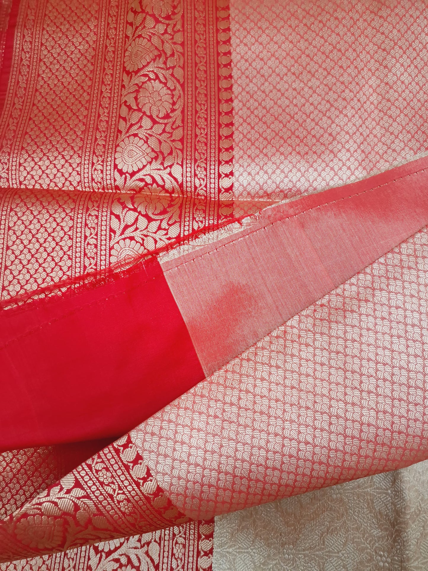 Cream & Red Banarasi Silk Saree with Rich Zari Work
