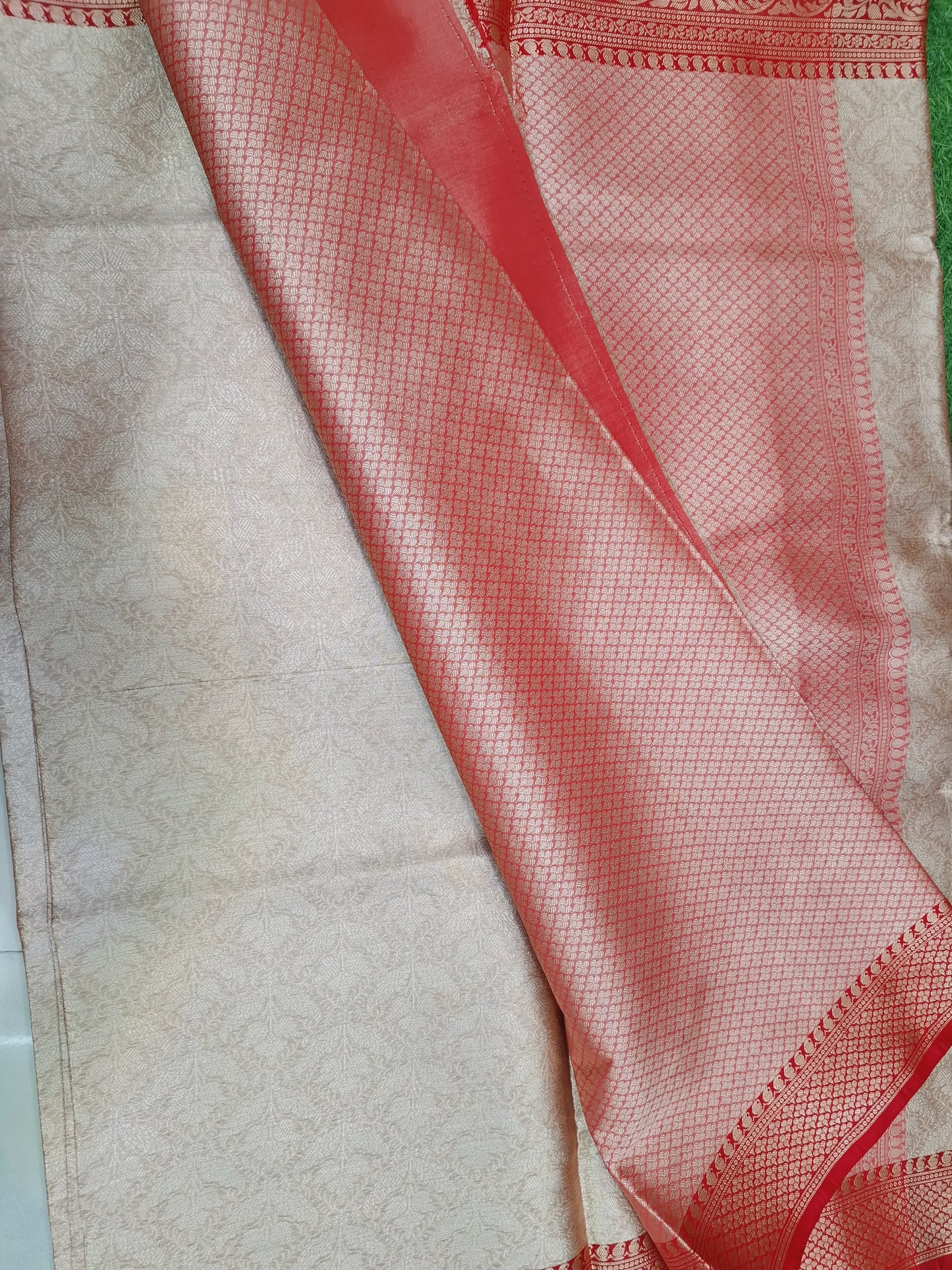 Cream & Red Banarasi Silk Saree with Rich Zari Work