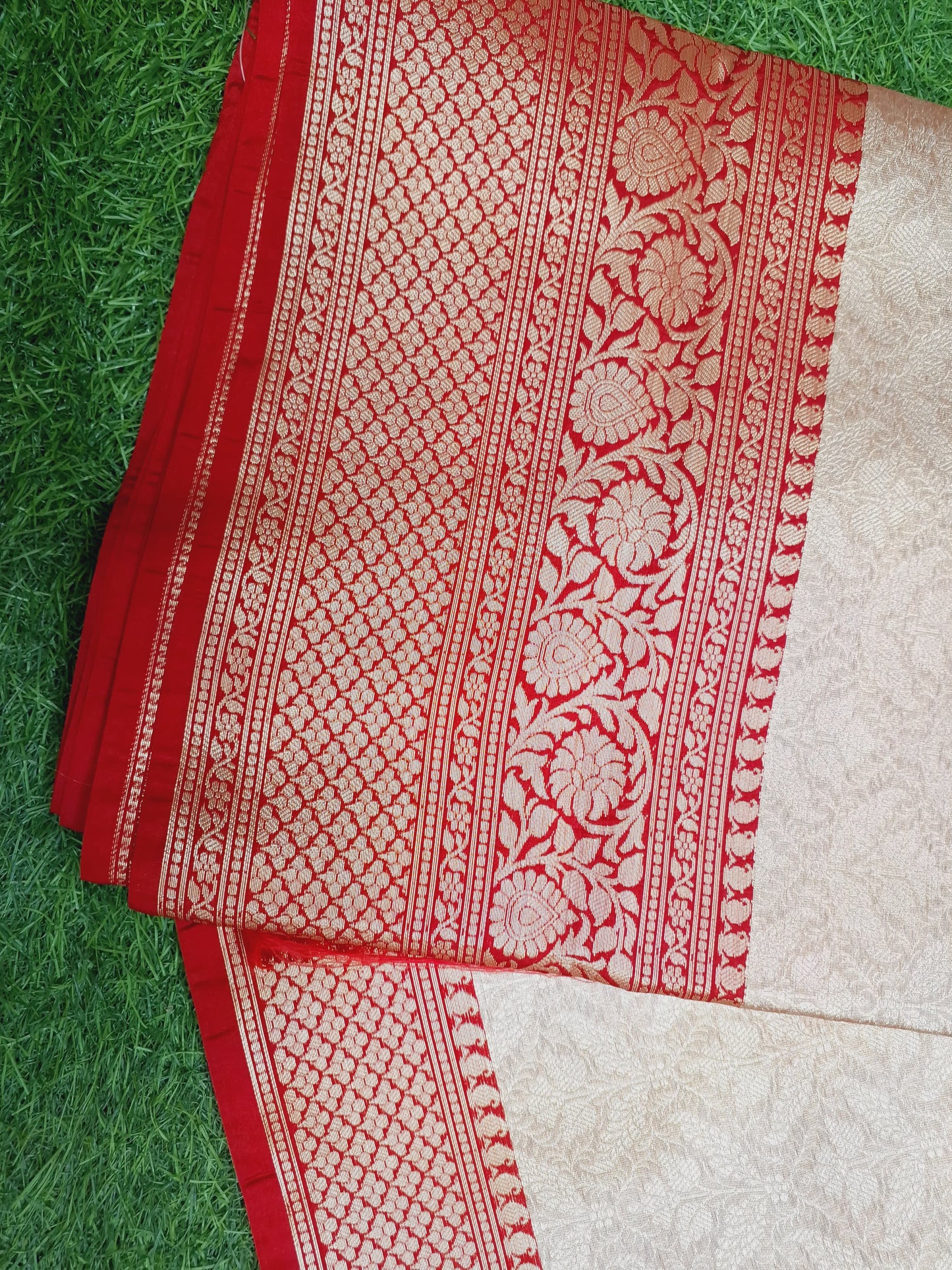 Cream & Red Banarasi Silk Saree with Rich Zari Work