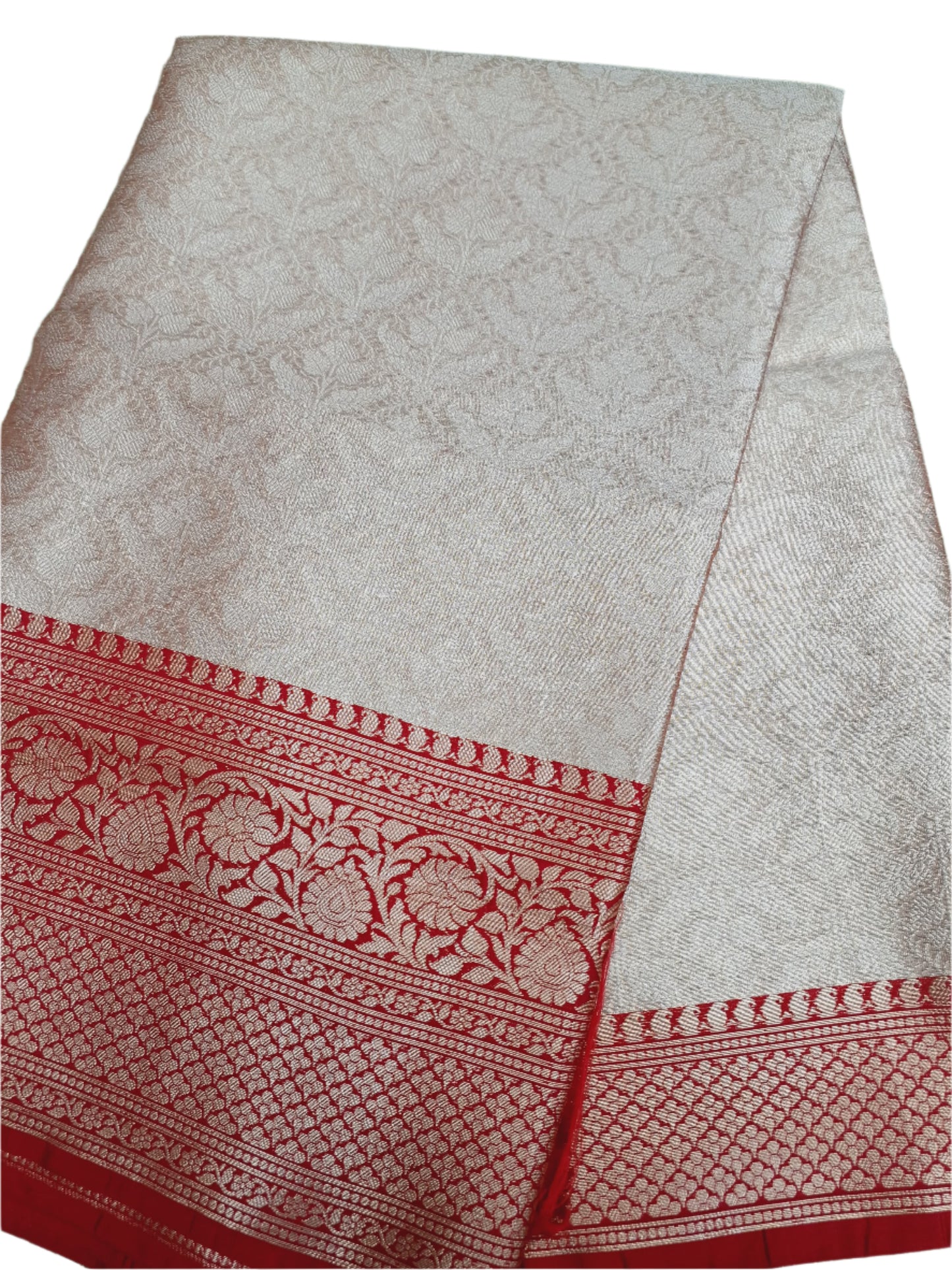 Cream & Red Banarasi Silk Saree with Rich Zari Work