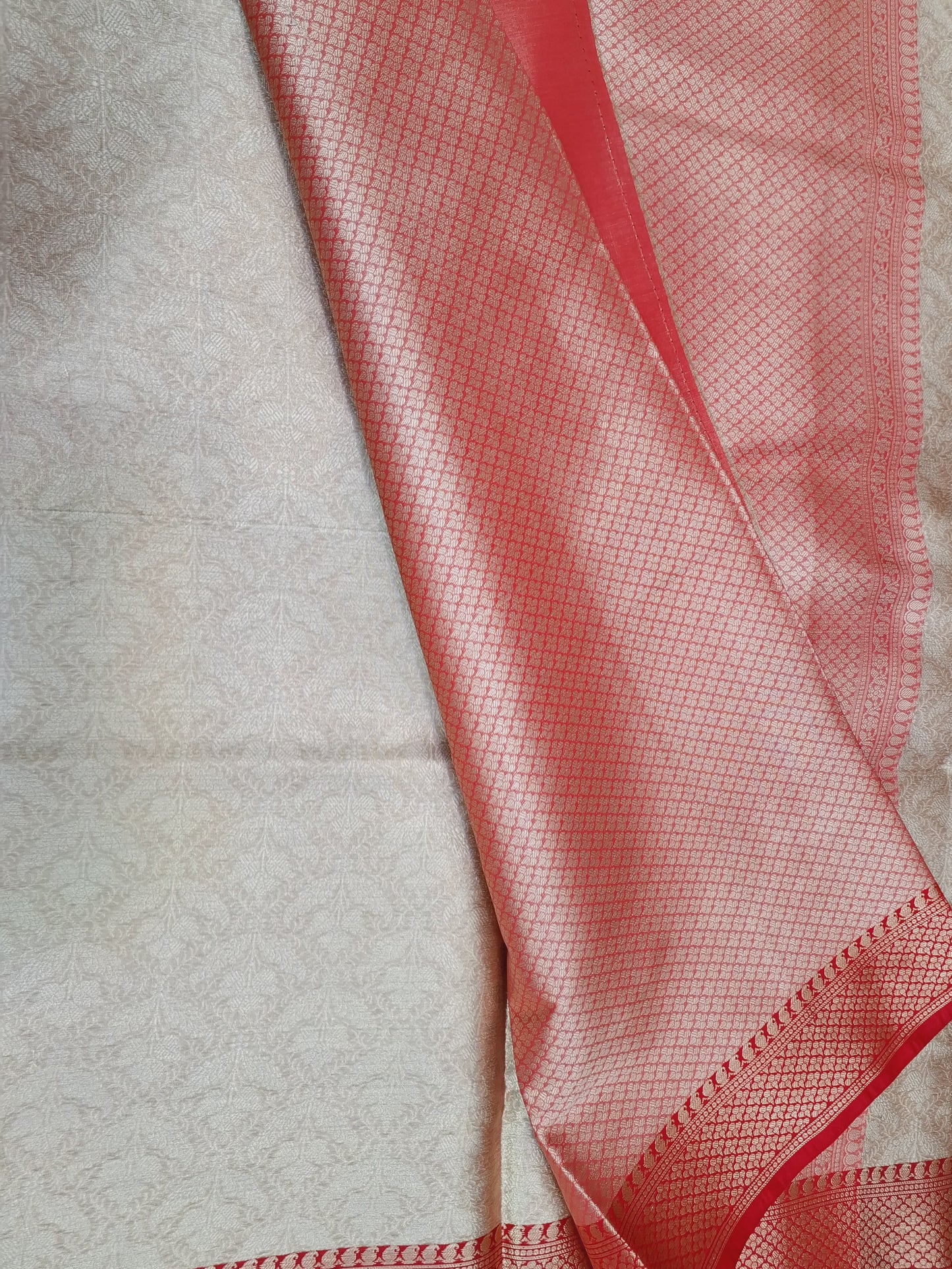 Cream & Red Banarasi Silk Saree with Rich Zari Work