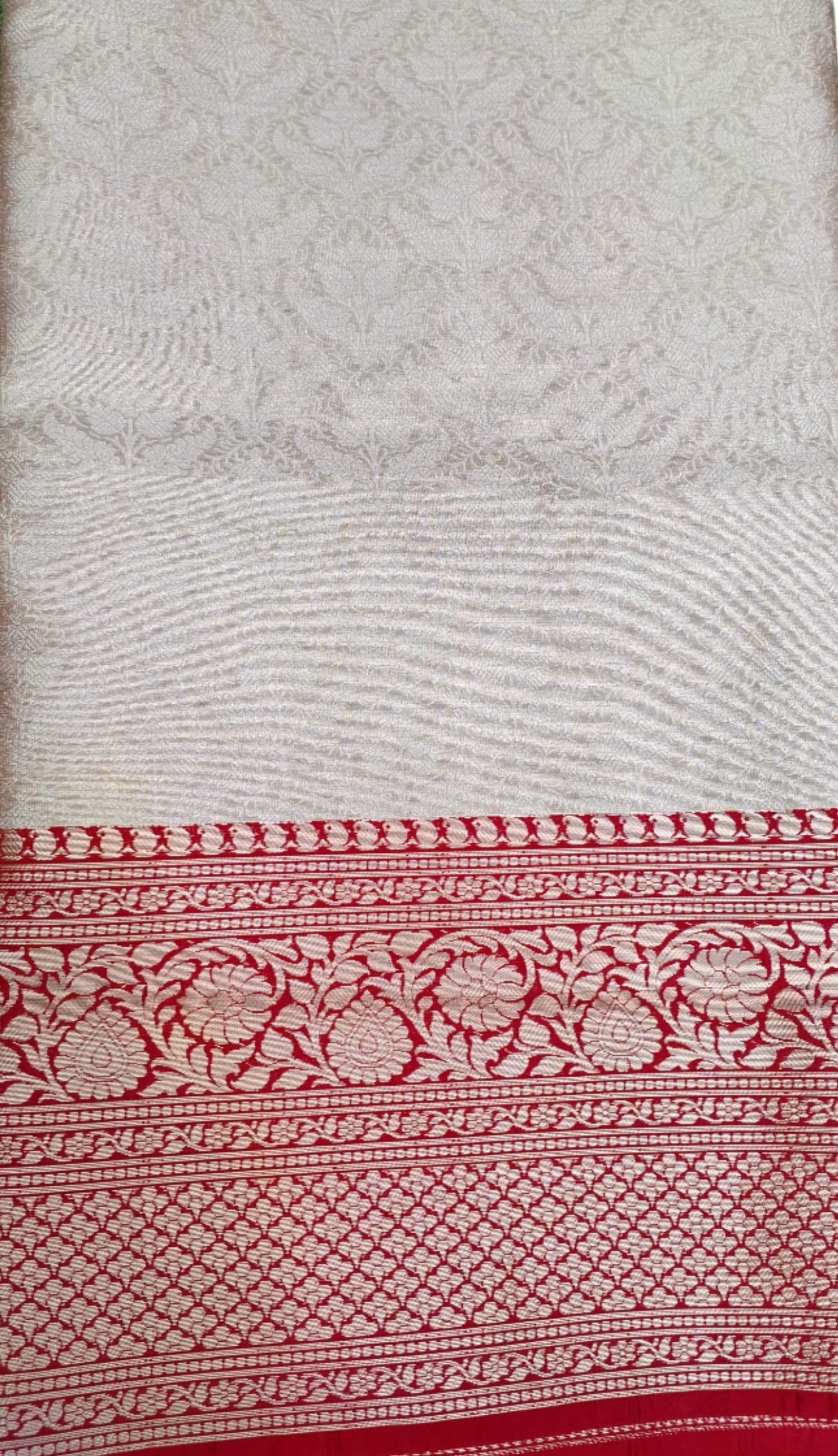Cream & Red Banarasi Silk Saree with Rich Zari Work
