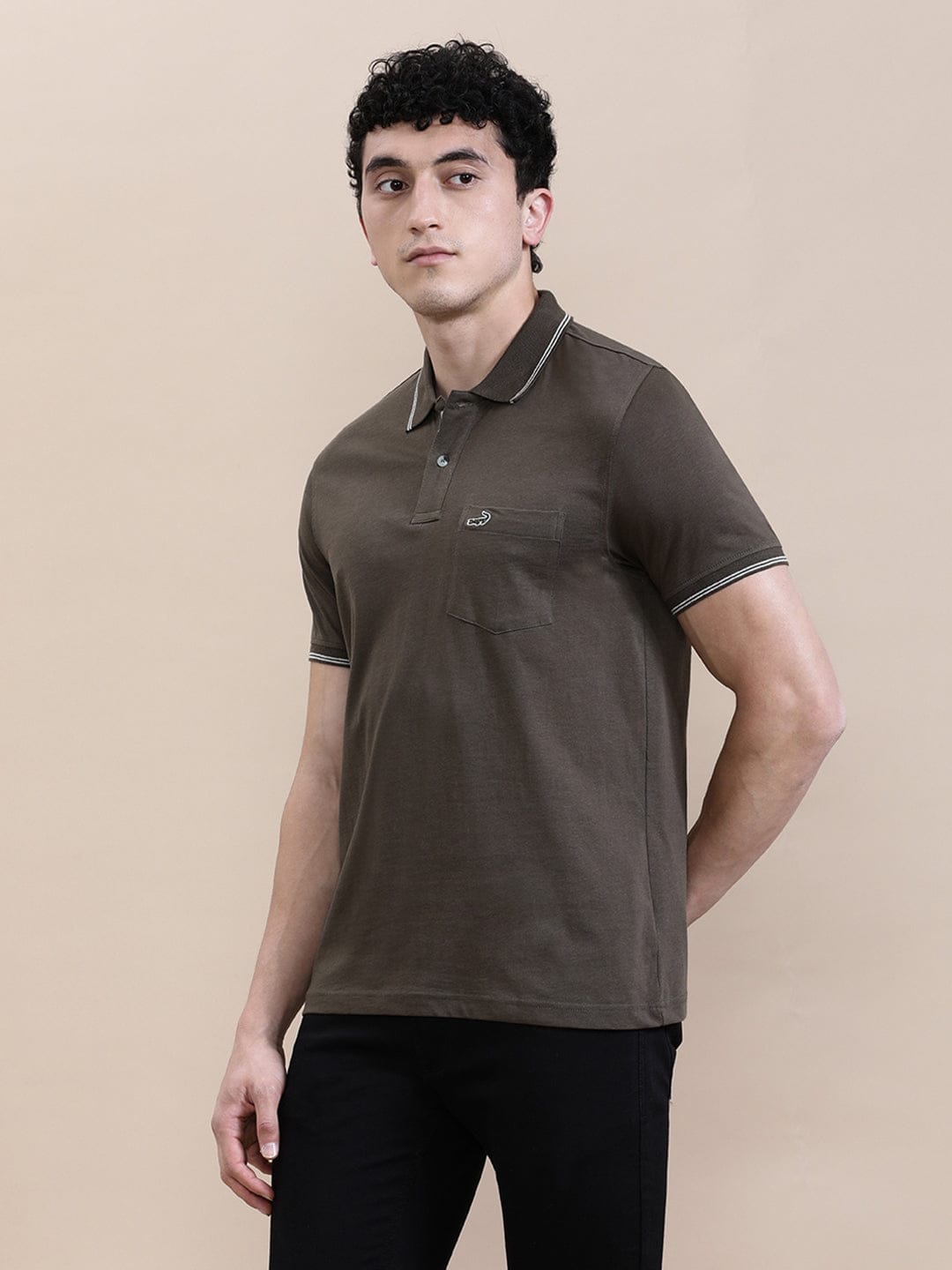 CROCODILE Dark Olive Green Solid Polo T-Shirt with Pocket
