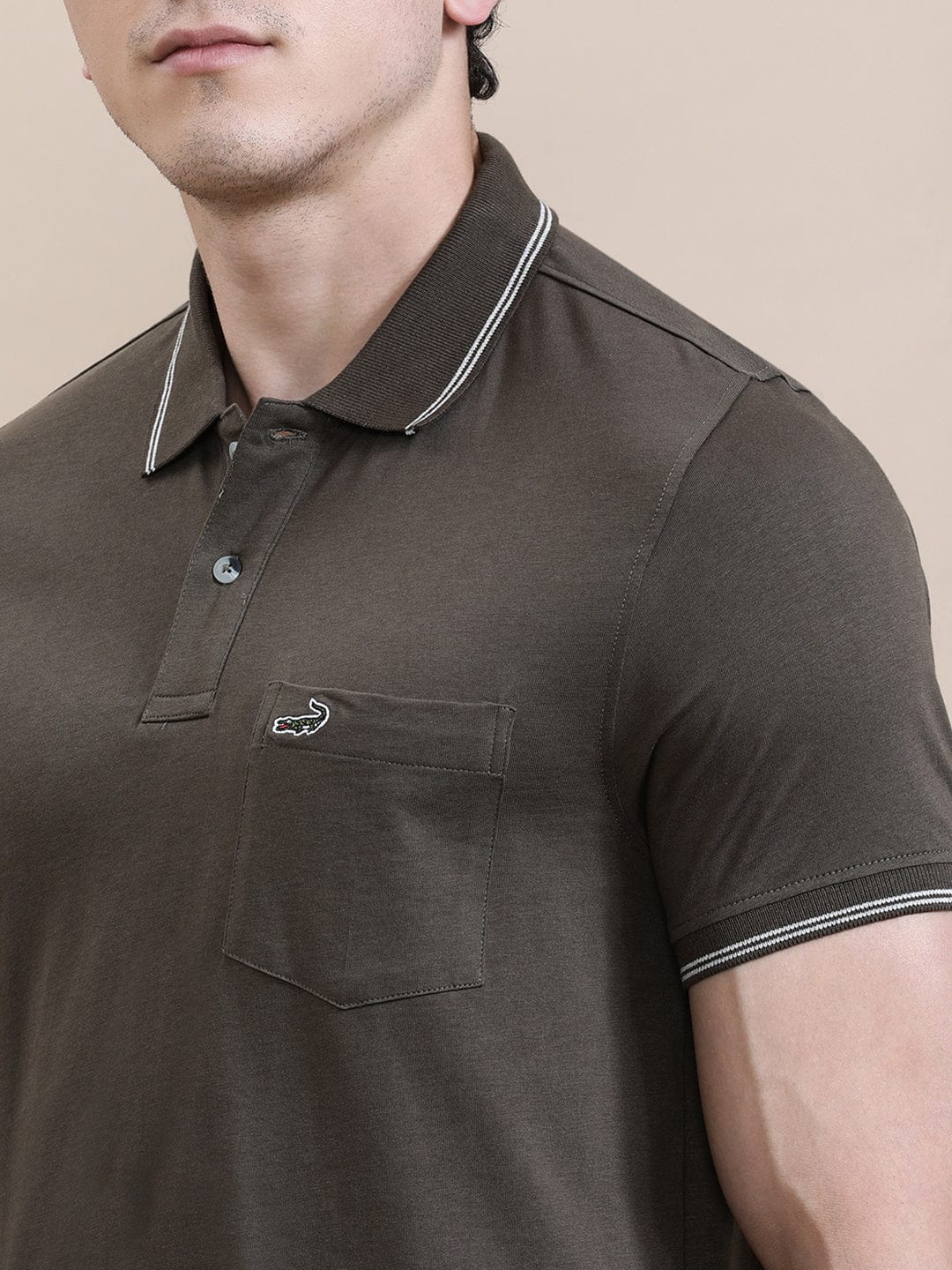 CROCODILE Dark Olive Green Solid Polo T-Shirt with Pocket