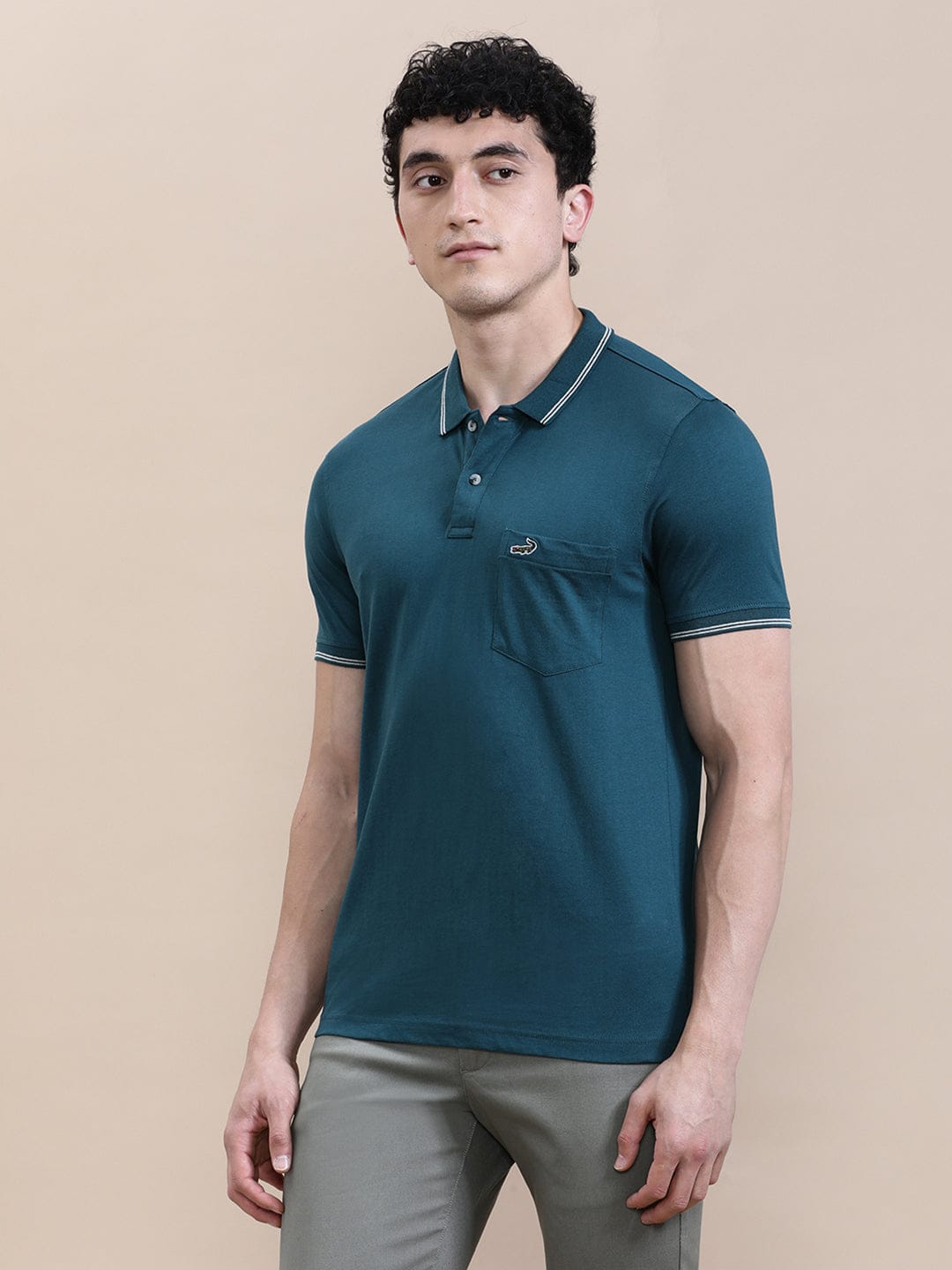 CROCODILE Teal Blue Solid Polo T-Shirt with Pocket