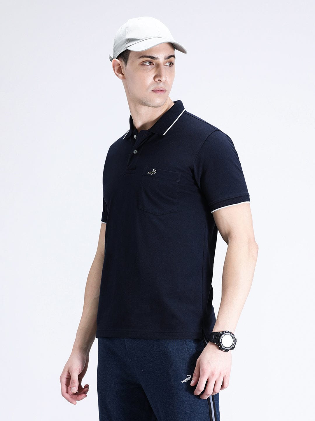 CROCODILE Casual Navy Solid Polo T-Shirt with Pocket