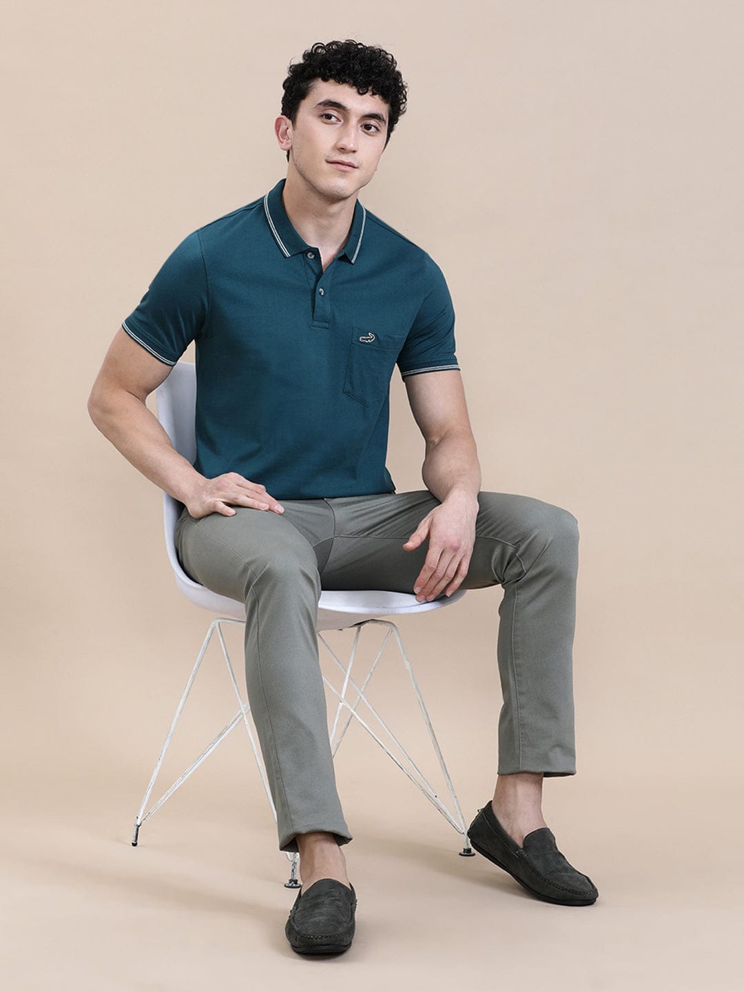 CROCODILE Teal Blue Solid Polo T-Shirt with Pocket