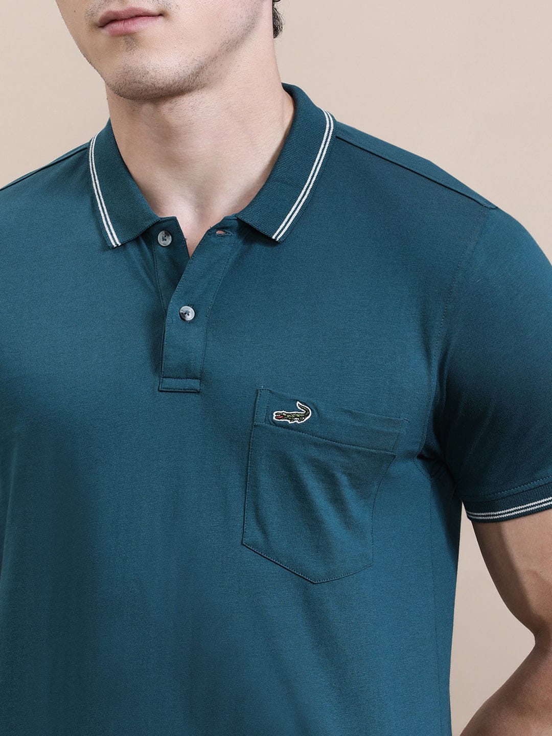 CROCODILE Teal Blue Solid Polo T-Shirt with Pocket
