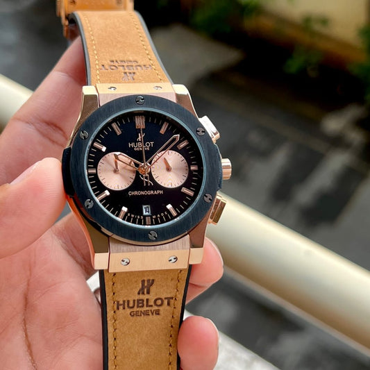 Hublot Big Bang Original Chronograph Rose Gold & Black Ceramic with Tan Leather Strap