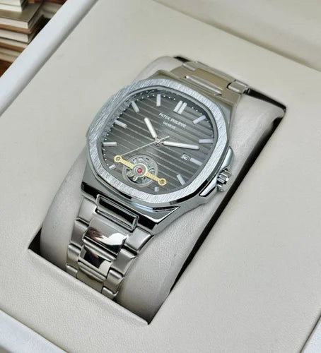 Men's Luxury Silver-Tone Watch with Open Heart Display and Striped Grey Dial
